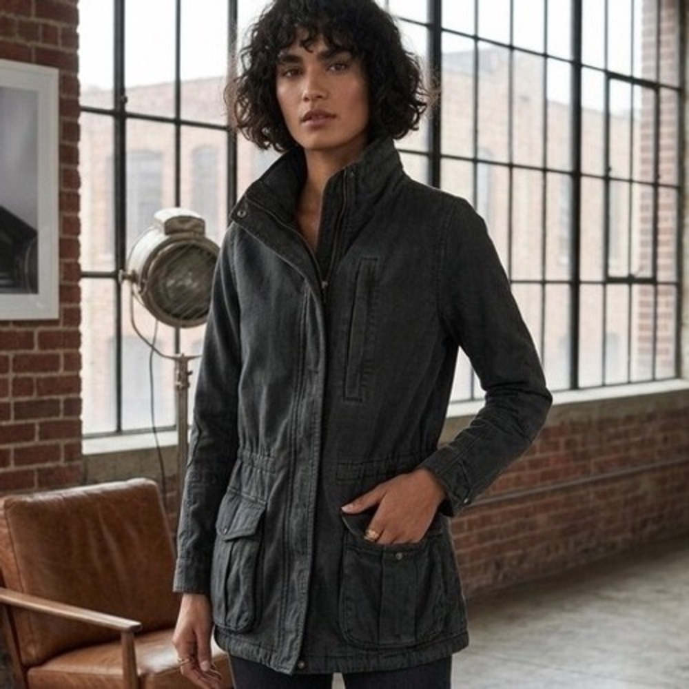 James Perse Los Angeles Utility Field Jacket Washed Black Stowaway Hood, Size 0